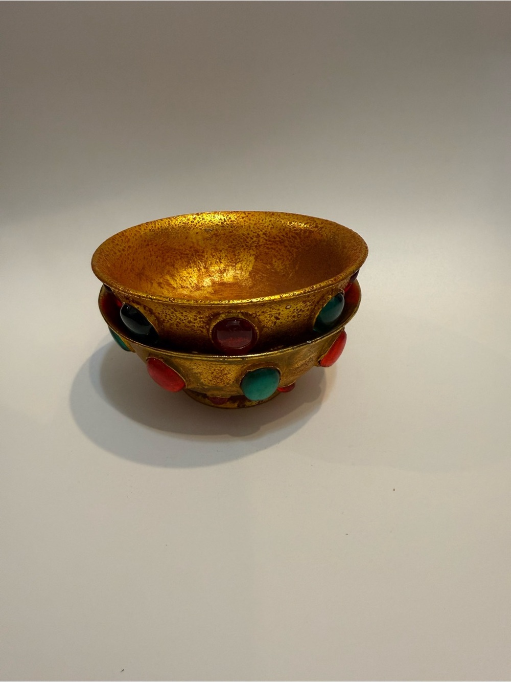 Pair Vintage Chinese Gilt Bronze Style Bowls Red Green Glass Cabochons 4.4”